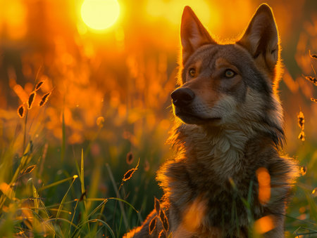 Majestic Dog Basking in Golden Sunlight Amidst a Field at Sunset, Tranquil Animal Scene with Warm Tones AI Generativeの素材