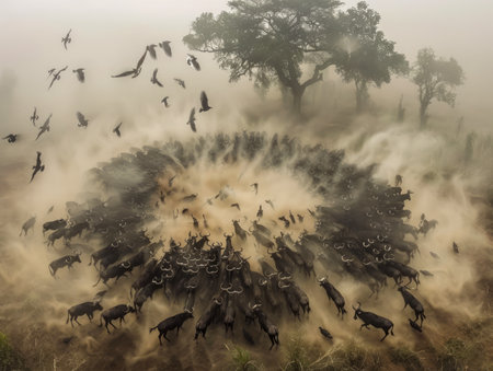 Wild Buffalo Stampede in Dusty Landscape with Birds Flying Amidst Tree AI Generativeの素材
