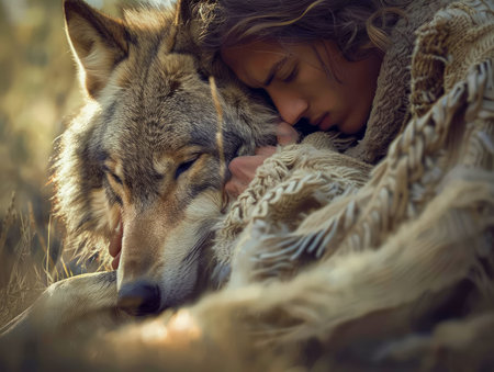 Serene Woman Embracing a Majestic Wolf in a Tranquil Forest Backdrop Harmony with Nature Concept AI Generativeの素材
