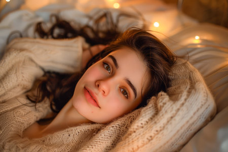 Young Woman Relaxing in Cozy Atmosphere with Warm Lights and Comfortable Knitted Blanket AI Generativeの素材