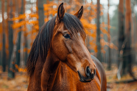 Majestic Brown Horse Portrait with Shiny Coat in Autumn Forest Setting, Equine Beauty in Natural Habitat with Fall Colors AI Generativeの素材