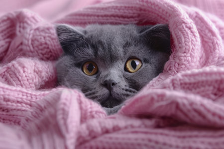 Adorable Gray British Shorthair Cat Peeking Out from Cozy Pink Knit Blanket, Cute Pet Close Up, Animal Comfort Concept AI Generativeの素材