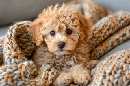 Adorable Apricot Miniature Poodle Puppy Resting on a Cozy Knitted Blanket Indoors AI Generativeの素材