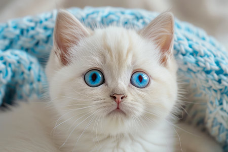 Adorable White Kitten with Striking Blue Eyes Snuggled in Soft Blue Knit Blanket Cute Pets, Cozy Home Animal Themes AI Generativeの素材