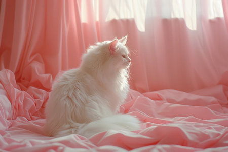 Elegant White Fluffy Cat Resting Gracefully on Soft Pink Bed Linen in Warm Sunlit Room, Serene Domestic Feline in Cozy Home Setting AI Generativeの素材