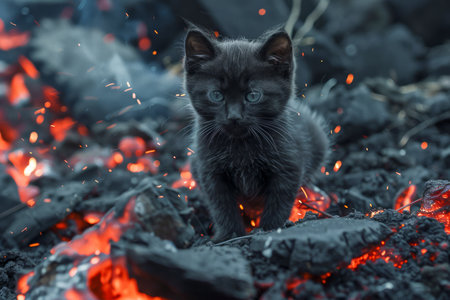 Small Black Kitten Standing on Smoldering Embers with Intense Stare, Vivid Contrast of Fiery Ashes and Dark Feline AI Generativeの素材