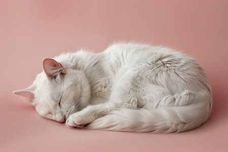 Serene White Cat Sleeping Peacefully on Soft Pink Background, Perfect Pet Relaxation and Comfort AI Generativeの素材