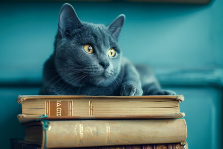 Attentive Gray Cat with Vivid Yellow Eyes Lying on a Stack of Vintage Books with Teal Background AI Generativeの素材