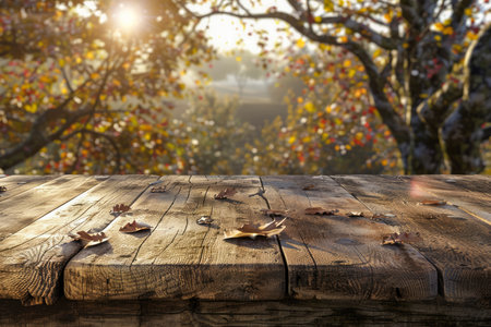 Autumnal Background with Sunbeams Shining on Wooden Table and Colorful Foliage in a Serene Forest Setting AI Generativeの素材