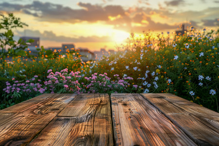 Serene Sunrise Over a Flowering Meadow with Weathered Wooden Table in Foreground Tranquil Nature Background AI Generativeの素材