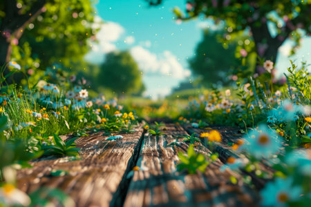 Serene Springtime Scene with Wooden Path through Blooming Meadow with Daisy and Wildflowers Under Sunshine AI Generativeの素材