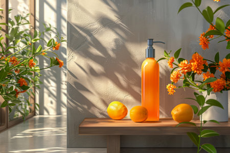 Sunlit Home Interior with Orange Skincare Product and Fresh Citrus on Wooden Surface AI Generativeの素材