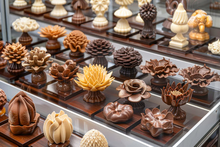 Assorted Gourmet Chocolates Display on Shelves Exquisite Handcrafted Chocolate Desserts AI Generativeの素材
