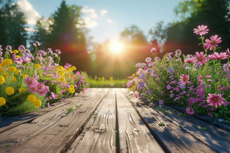 Tranquil Wooden Pathway Through Vibrant Flower Field Under Sunlit Summer Sky AI Generativeの素材