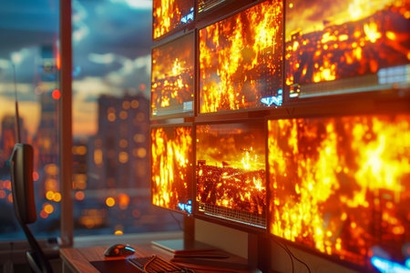 Dramatic Fiery Sunset Reflected on Multiple Computer Screens in an Urban Office Setting AI Generativeの素材