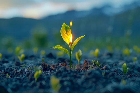 Young Green Plant Sprouting from Fertile Soil at Twilight Symbol of Growth, New Beginnings, and Nature&#39;s Resilience AI Generativeの素材