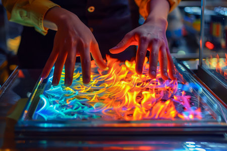 Person Playing with Illuminated Abstract Neon Light Table in Dark Amusement Setting AI Generativeの素材