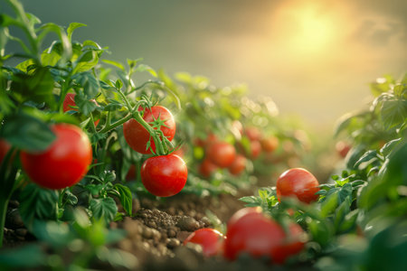 Fresh Organic Tomatoes Growing on Vine in Sunlight at Golden Hour in Garden AI Generativeの素材