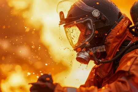 Brave Firefighter in Protective Gear Battling Intense Blaze with Focus and Determination in Hazardous Environment AI Generativeの素材