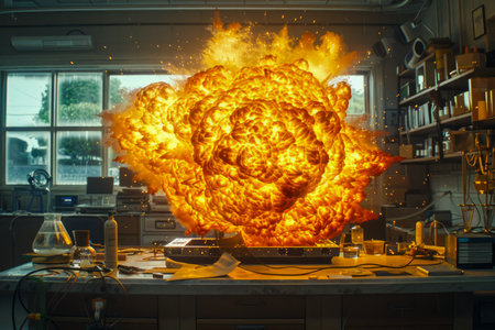 Intense Fiery Explosion Inside Scientific Research Laboratory with Equipment and Glassware AI Generativeの素材