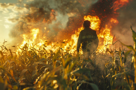 Silhouette of a Man Standing in Agricultural Field with Dramatic Fiery Sky Due to Large Blaze or Wildfire AI Generativeの素材