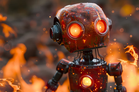 Futuristic Red Robot with Glowing Eyes Standing Among Flames Concept Art for Science Fiction and Technology AI Generativeの素材