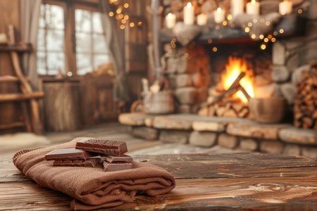 Cozy Rustic Cabin Interior with Warm Fireplace and Comfortable Blanket on Wooden Table AI Generativeの素材