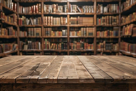 Classic Wooden Table in Foreground with Blurred Bookshelves Library Background, Warm Cozy Reading Space Concept AI Generativeの素材