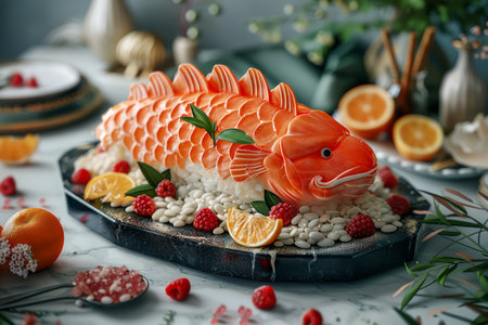 Artistic Sushi Presentation Featuring a Salmon Shaped Sashimi Platter with Citrus and Berries AI Generativeの素材