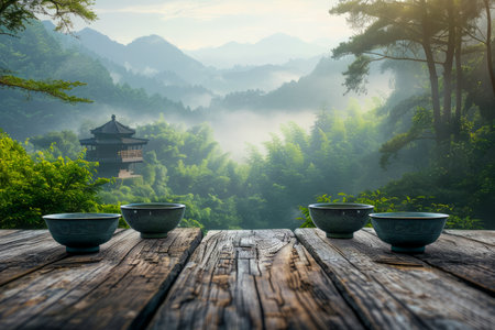 Serene Mountain Landscape with Misty Fog and Traditional Asian Pavilion Viewed from Wooden Table with Ceramic Bowls AI Generativeの素材