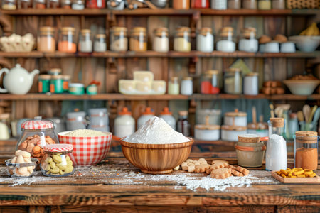 Rustic Kitchen Scene with Fresh Baked Cookies, Assorted Baking Ingredients and Utensils on Wooden Table AI Generativeの素材