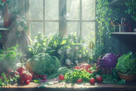 Sunlit Rustic Kitchen Window Sill with Fresh Vegetables and Lush Greenery AI Generativeの素材