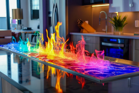 Colorful Flame Effects on Modern Kitchen Counter Creative Concept for Home Decor and Interior Design AI Generativeの素材