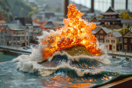 Miniature Model Town Engulfed by Fiery Wave in Surreal Disaster Concept Scene AI Generativeの素材