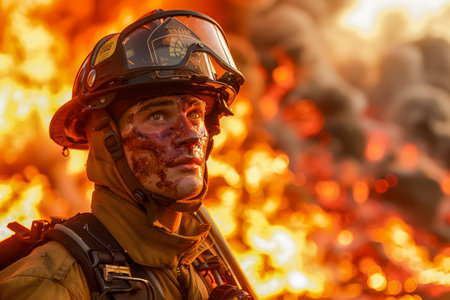 Brave Firefighter in Protective Gear Standing Against Roaring Flames in Intense Firefighting Operation AI Generativeの素材