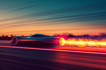 High Speed Sportscar in Motion Blur on Highway during Sunset, Vivid Colors, Dynamic Driving Concept AI Generativeの素材