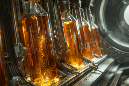 Industrial Bottling Plant with Glass Bottles Filled with Amber Liquid on Conveyor Belt in Factory Setting AI Generativeの素材