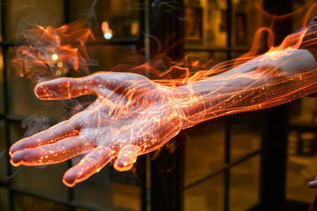 Enigmatic Light Trails Flowing Over Hand in Dark Ambience Concept of Digital Connectivity and Technology AI Generativeの素材