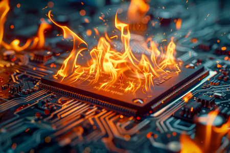 Intense Flames Engulfing Electronic Chip on Circuit Board Representing Overheat or Cyber Security Threat Concept AI Generativeの素材