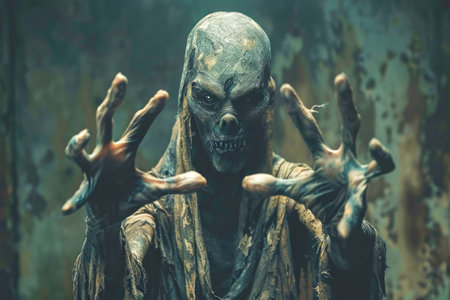 Creepy Undead Creature with Extended Claws in a Haunted Environment, Perfect for Horror Themes and Halloween AI Generativeの素材