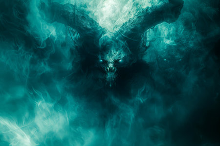 Enigmatic Underwater Scene with Abstract Ethereal Light and Dark Silhouette in the Depths of the Ocean AI Generativeの素材