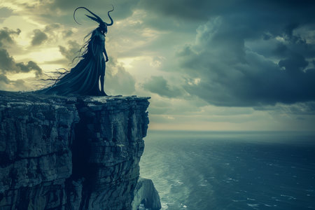 Mysterious Figure in Dark Cloak Standing on Cliff Overlooking Ocean at Dusk, Cinematic Fantasy Scene AI Generativeの素材