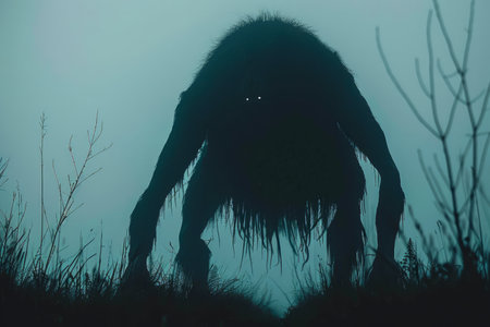 Mysterious Silhouette of Unusual Creature in Misty Forest Fantasy Concept, Spooky Atmospheric Background AI Generativeの素材