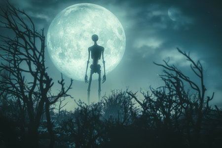 Surreal Night Scene with Humanoid Silhouette and Full Moon Over Spooky Landscape AI Generativeの素材