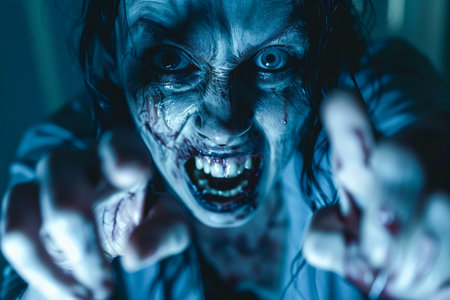 Frightening Female Zombie with Intense Stare and Gruesome Makeup in Chilling Horror Scene AI Generativeの素材
