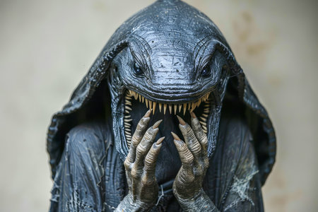 Mysterious Cloaked Reptilian Creature Portrayal with Menacing Expression and Cinematic Detail AI Generativeの素材