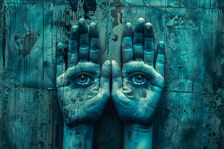 Surreal Portrait of Human Hands with Eyes Painted, Conceptual Body Art on a Textured Blue Background AI Generativeの素材