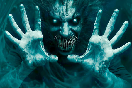 Terrifying Ghoul with Outstretched Hands in a Spooky Blue Mist Horror Concept for Halloween and Haunted Themes AI Generativeの素材
