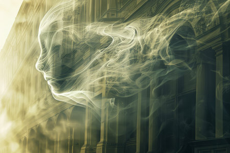 Abstract Artistic Representation of Thought with Smoke and Face Silhouette Juxtaposed with Geometric Shapes AI Generativeの素材