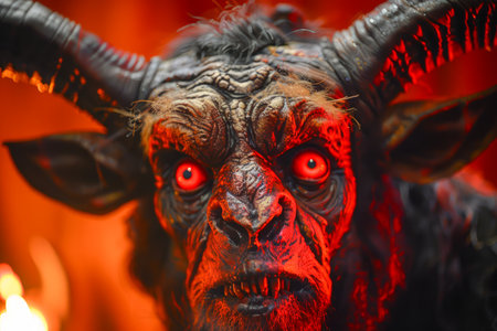 Menacing Horned Demon Creature with Intense Red Eyes in Eerie Atmospheric Lighting for Horror Themes AI Generativeの素材